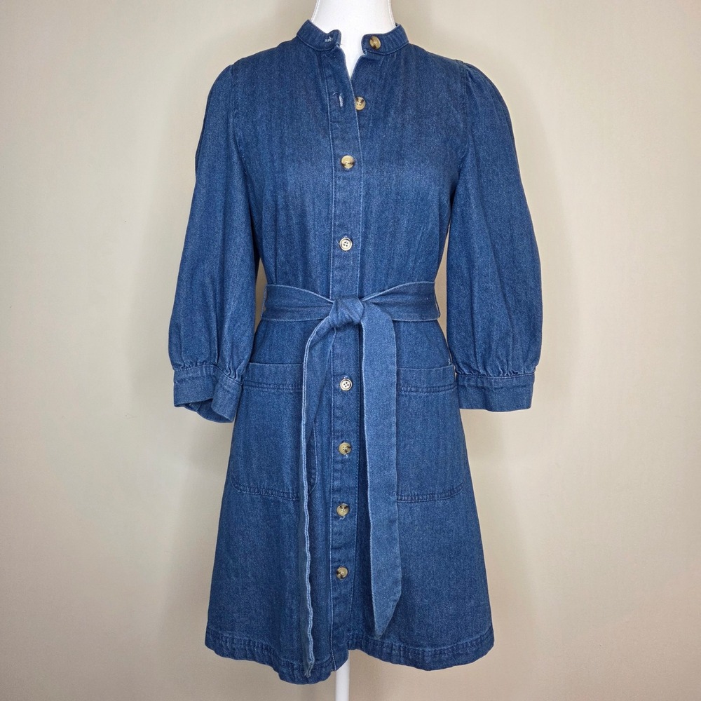 Western Denim Puff Sleeve Belted Shirt Dress Who What Wear‎ Womens XS Blue